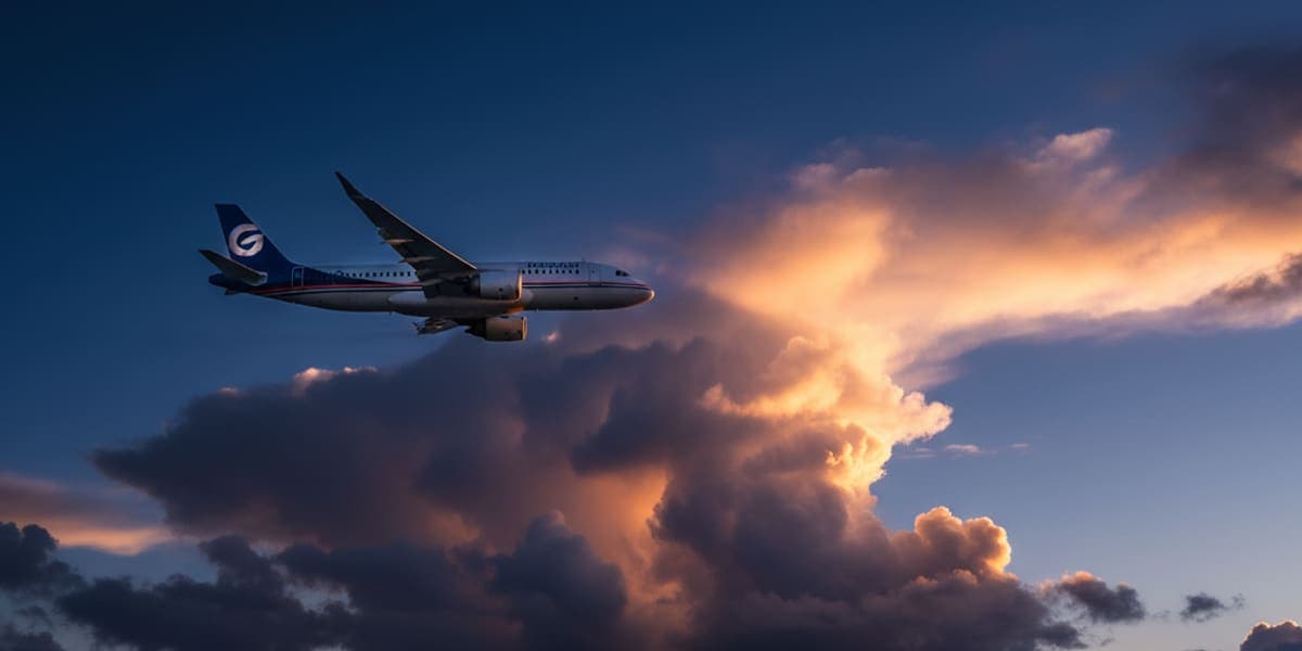 Passenger aircraft flying above sunlit clouds at dusk